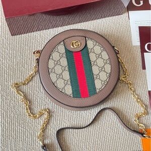 Gucci Beige and Brown Crossbody Bag with Gold Chain